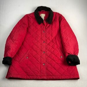 LL Bean Womens Quilted Barn Jacket Red Corduroy Trim Thermore Medium 0HJ05